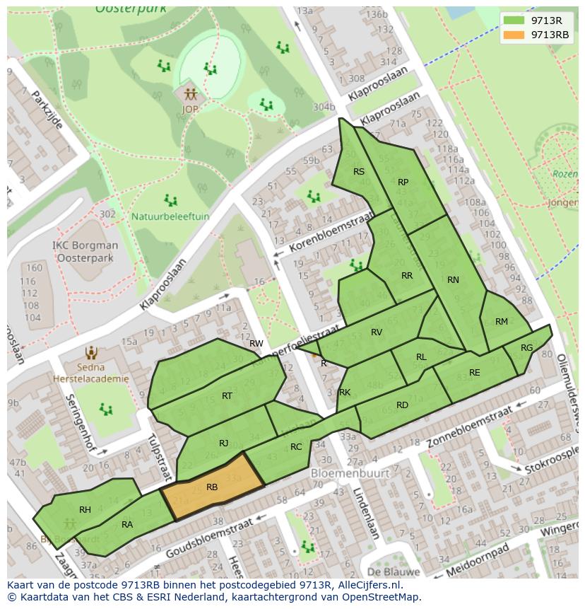 Afbeelding van het postcodegebied 9713 RB op de kaart.