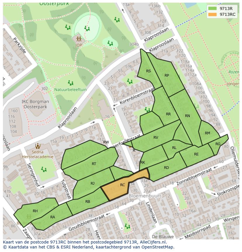 Afbeelding van het postcodegebied 9713 RC op de kaart.