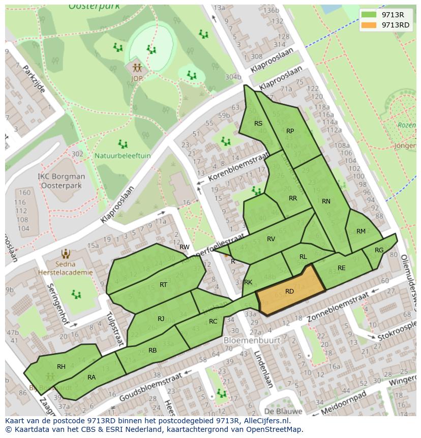 Afbeelding van het postcodegebied 9713 RD op de kaart.