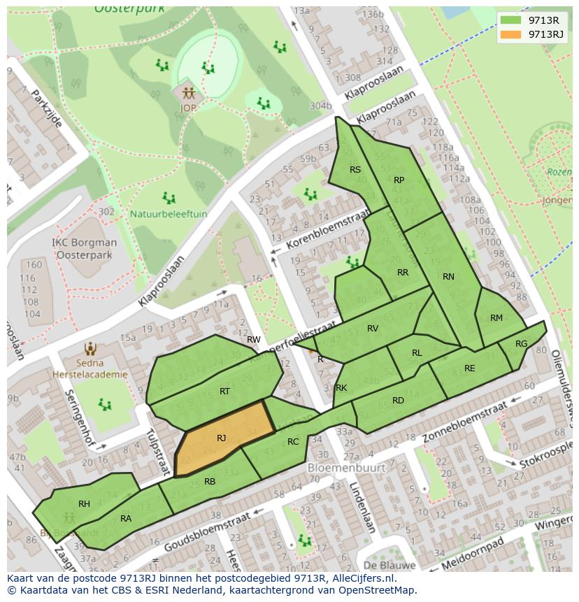 Afbeelding van het postcodegebied 9713 RJ op de kaart.