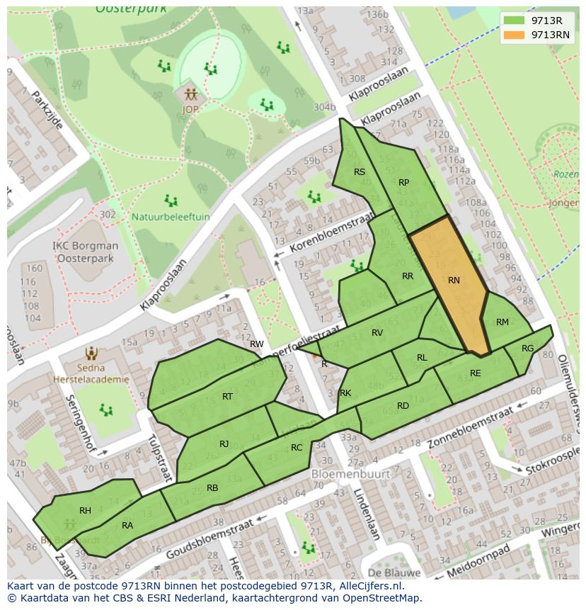 Afbeelding van het postcodegebied 9713 RN op de kaart.