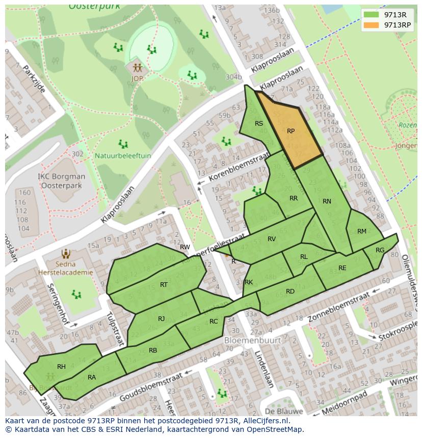 Afbeelding van het postcodegebied 9713 RP op de kaart.