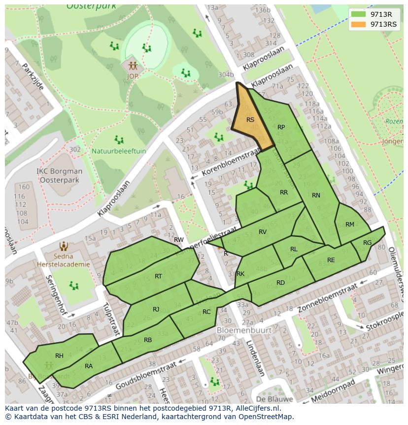 Afbeelding van het postcodegebied 9713 RS op de kaart.
