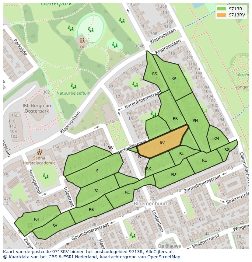 Afbeelding van het postcodegebied 9713 RV op de kaart.