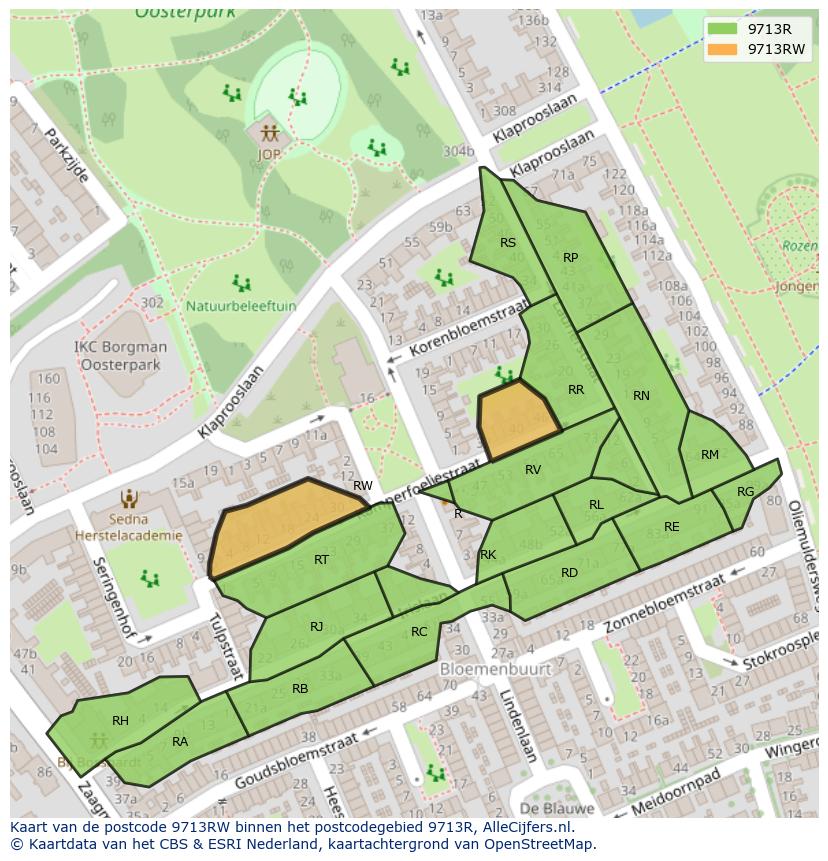 Afbeelding van het postcodegebied 9713 RW op de kaart.