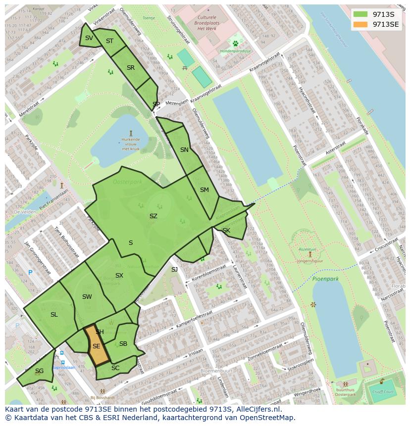 Afbeelding van het postcodegebied 9713 SE op de kaart.