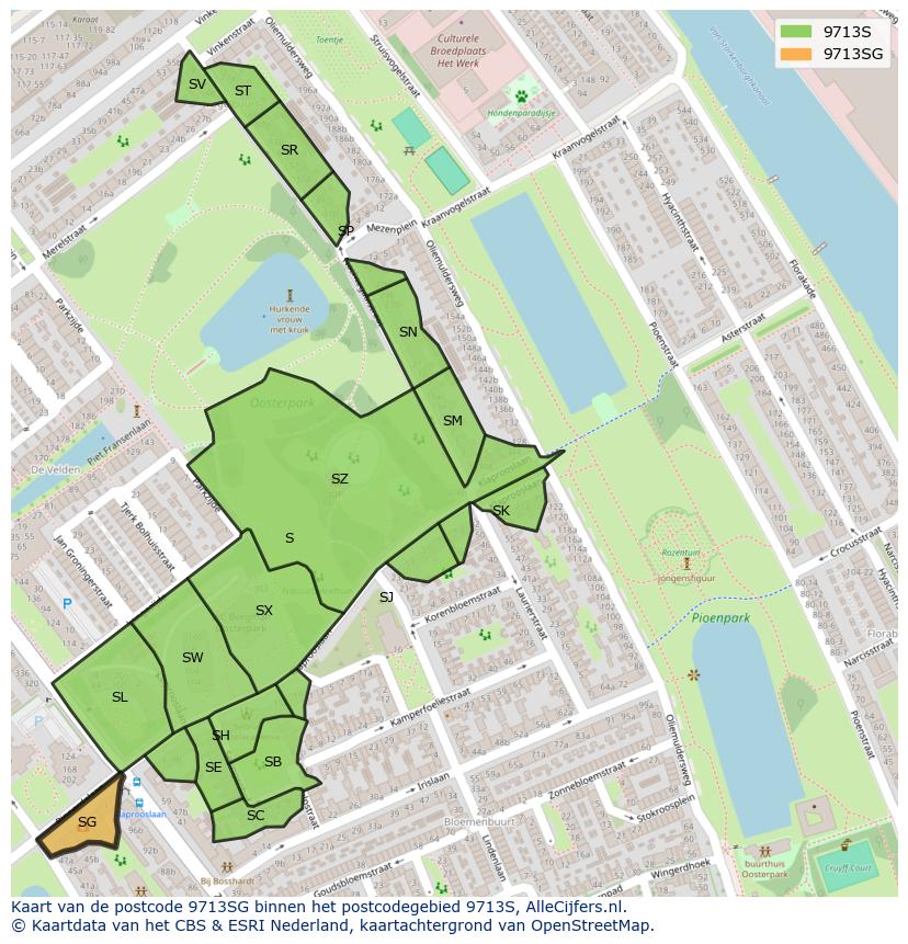 Afbeelding van het postcodegebied 9713 SG op de kaart.