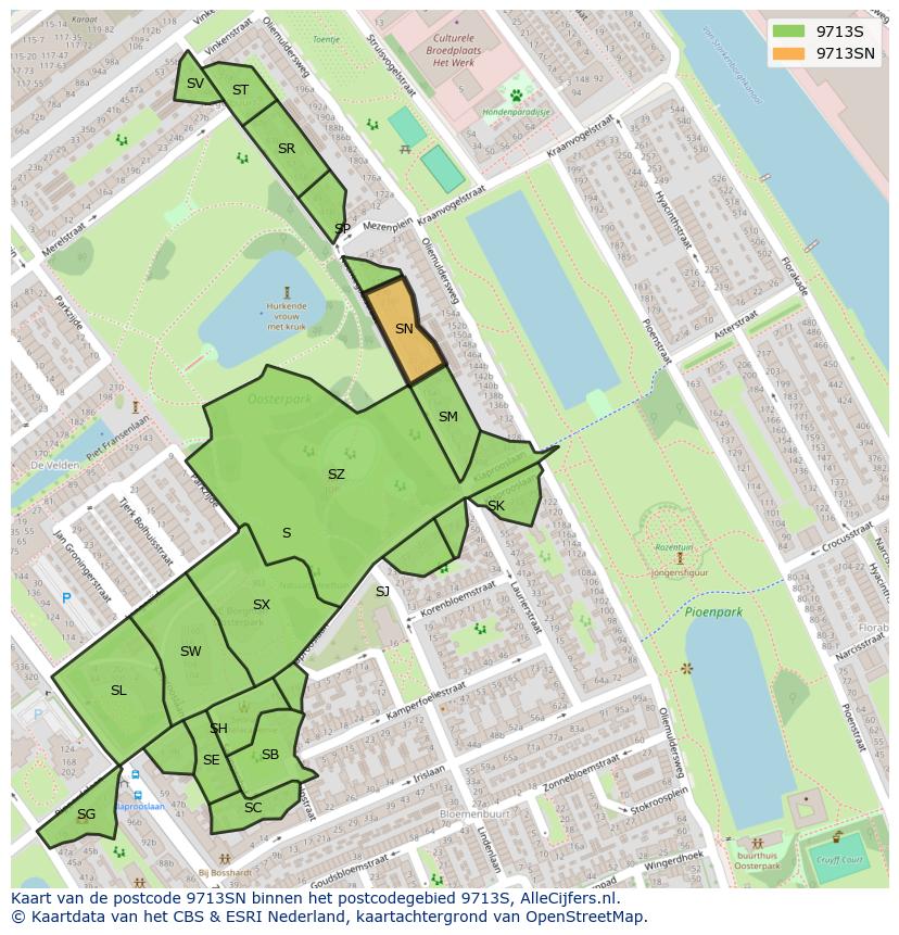 Afbeelding van het postcodegebied 9713 SN op de kaart.
