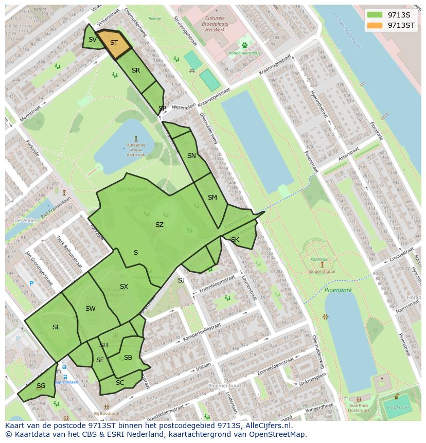 Afbeelding van het postcodegebied 9713 ST op de kaart.