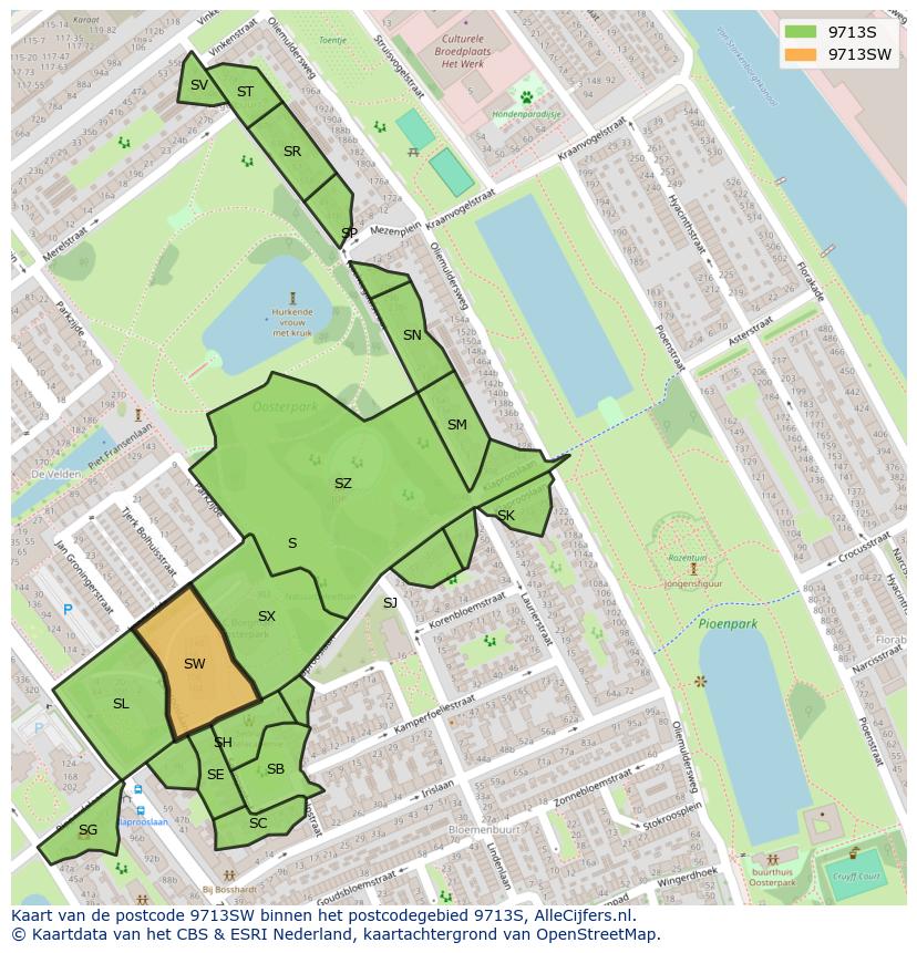 Afbeelding van het postcodegebied 9713 SW op de kaart.