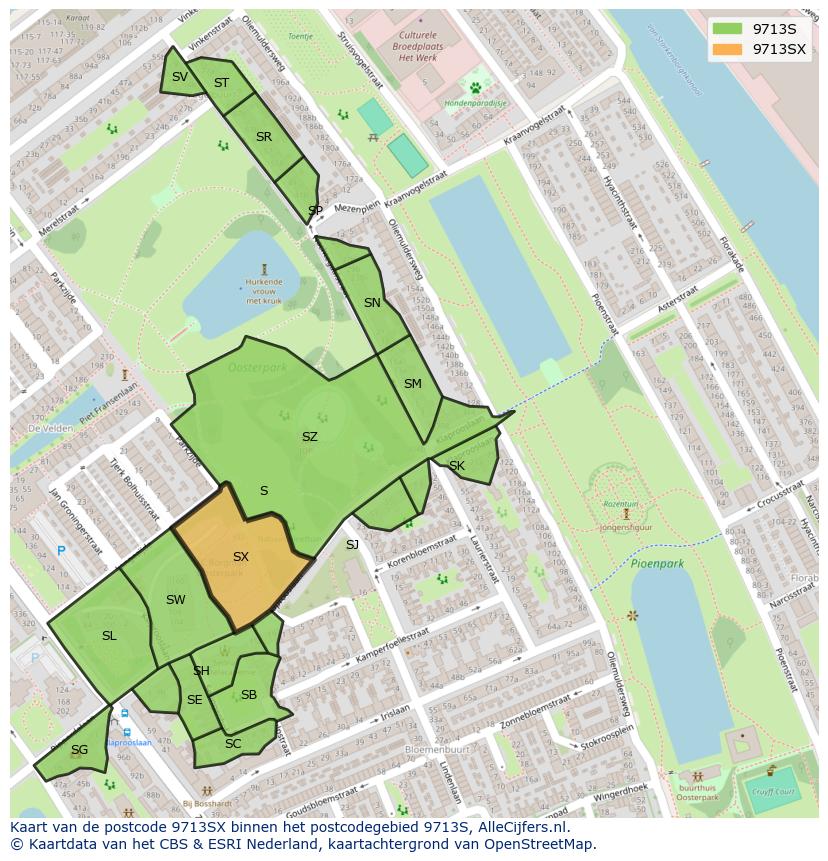 Afbeelding van het postcodegebied 9713 SX op de kaart.