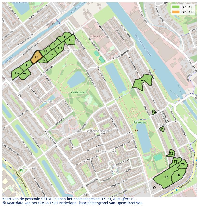 Afbeelding van het postcodegebied 9713 TJ op de kaart.