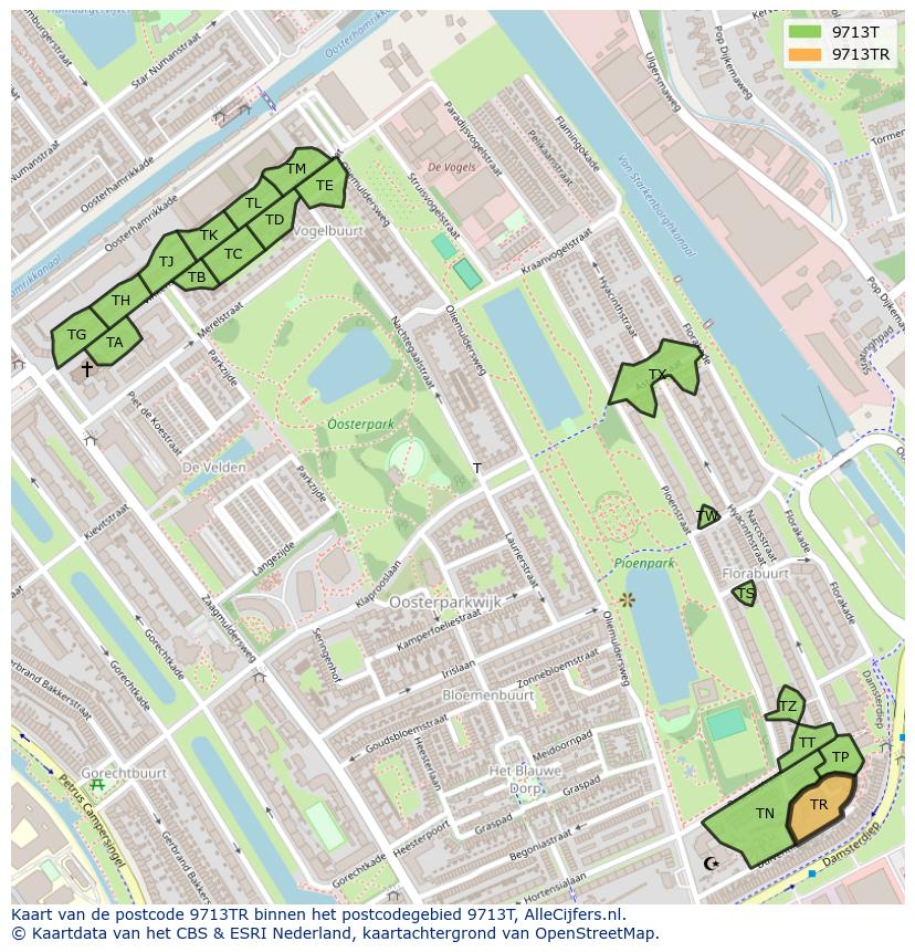 Afbeelding van het postcodegebied 9713 TR op de kaart.