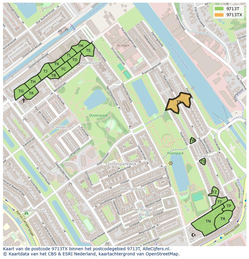Afbeelding van het postcodegebied 9713 TX op de kaart.
