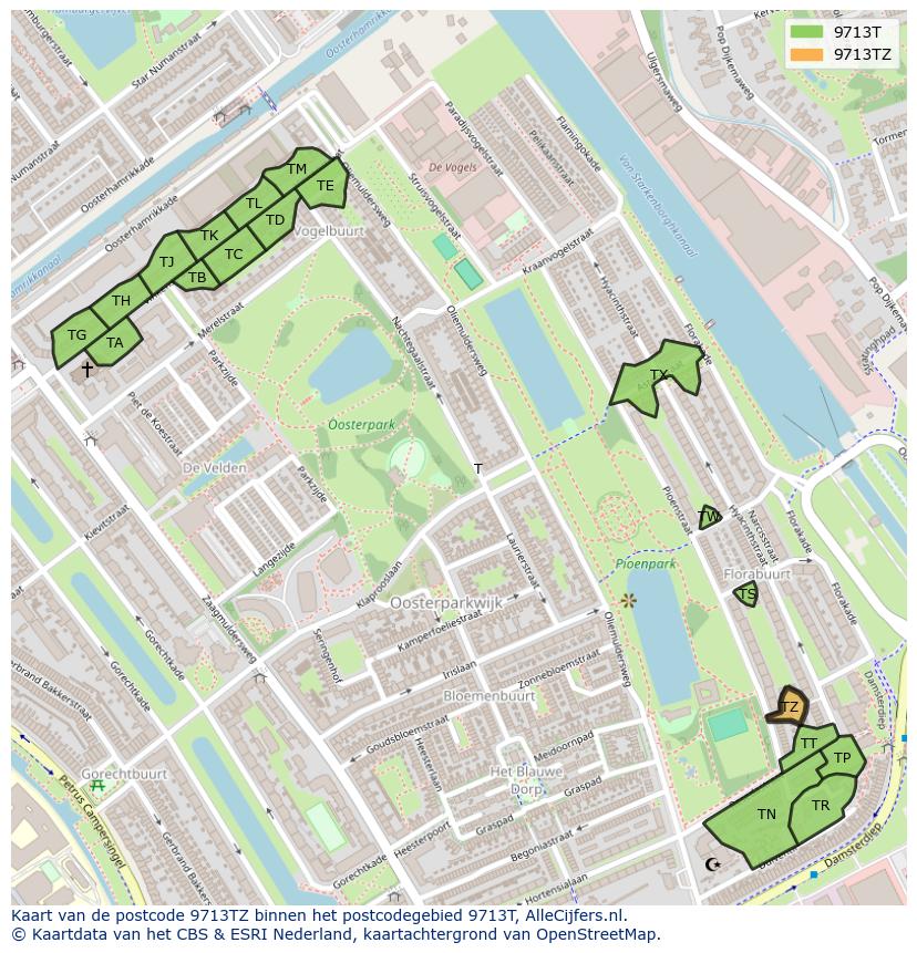 Afbeelding van het postcodegebied 9713 TZ op de kaart.