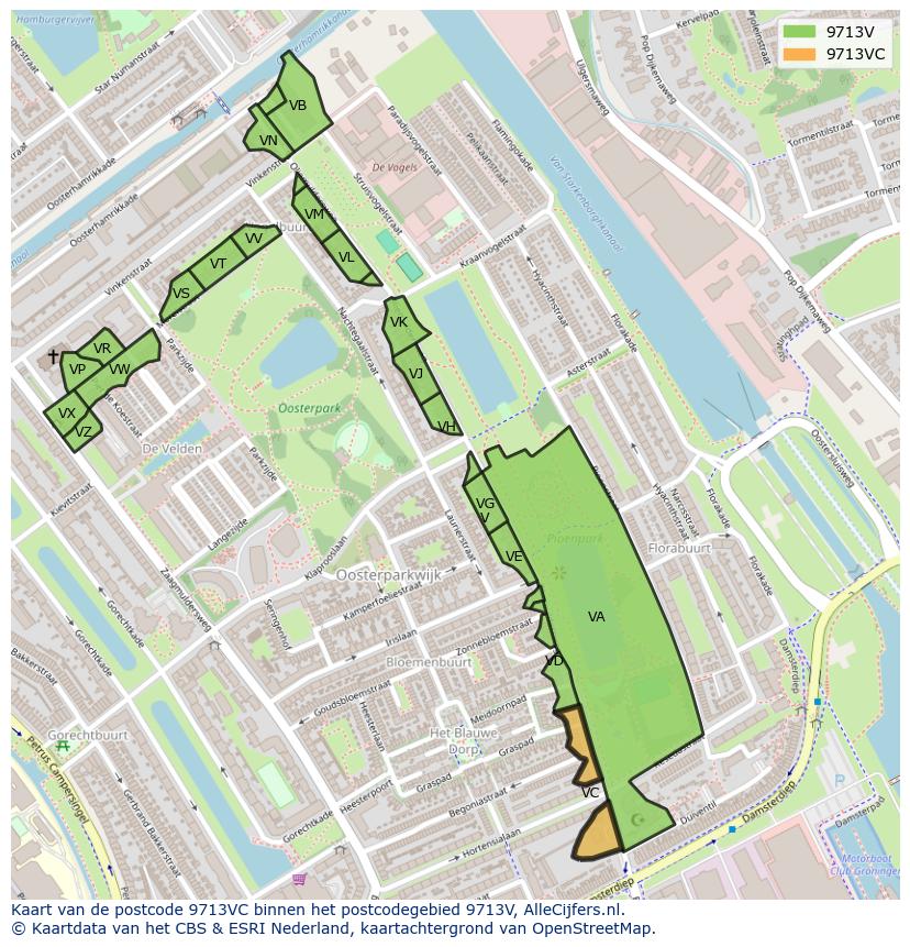 Afbeelding van het postcodegebied 9713 VC op de kaart.