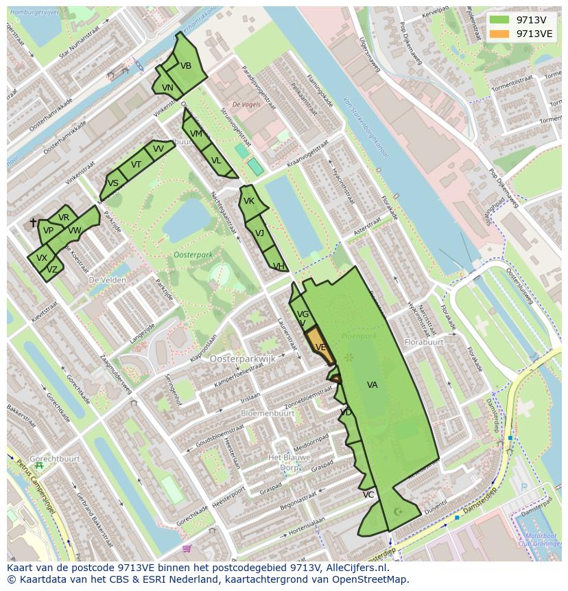 Afbeelding van het postcodegebied 9713 VE op de kaart.