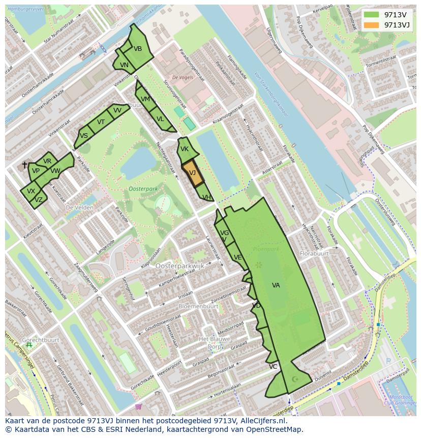 Afbeelding van het postcodegebied 9713 VJ op de kaart.