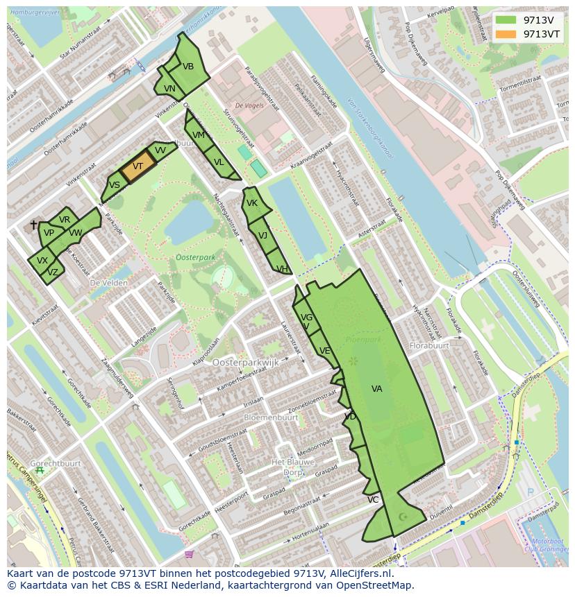 Afbeelding van het postcodegebied 9713 VT op de kaart.