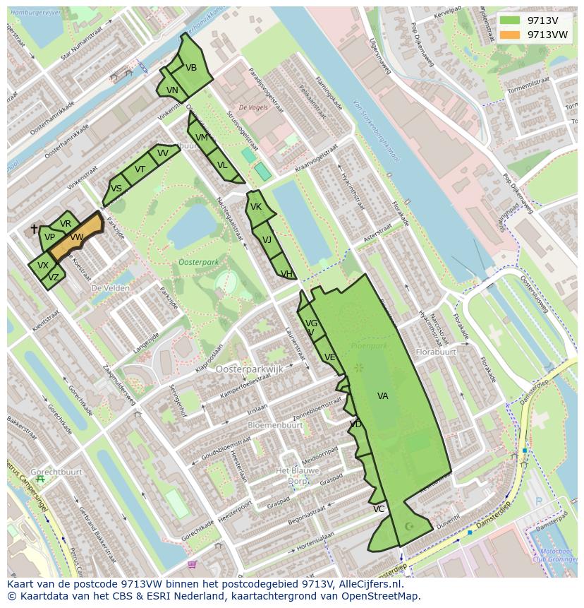 Afbeelding van het postcodegebied 9713 VW op de kaart.