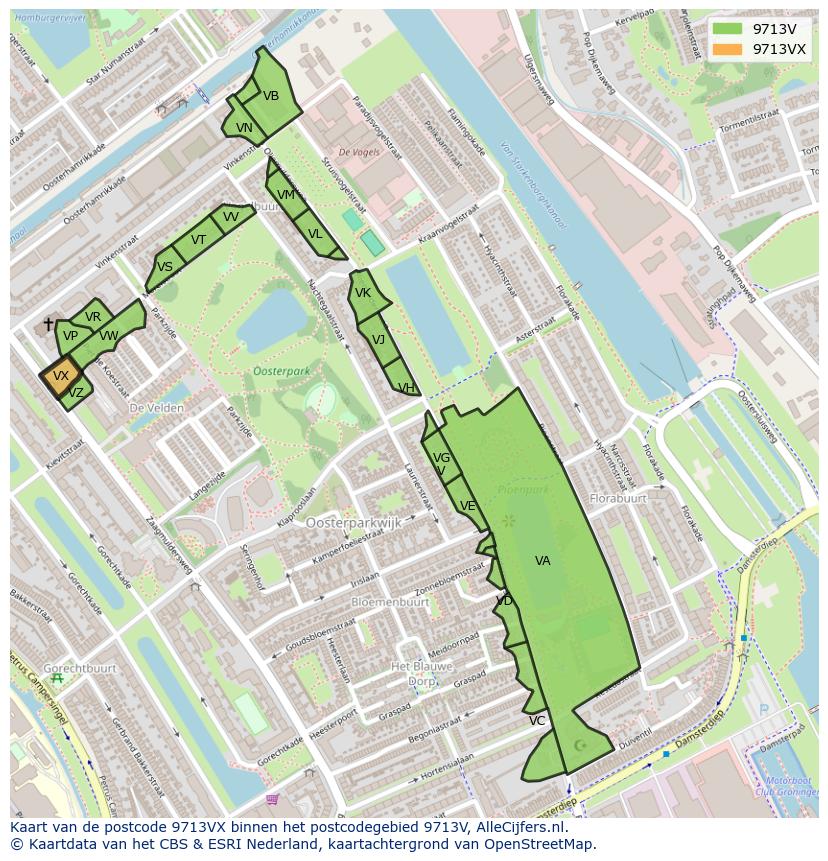Afbeelding van het postcodegebied 9713 VX op de kaart.