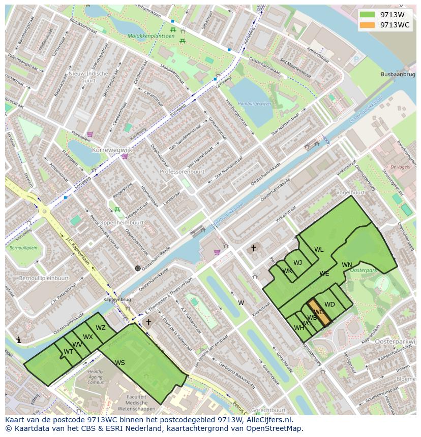 Afbeelding van het postcodegebied 9713 WC op de kaart.