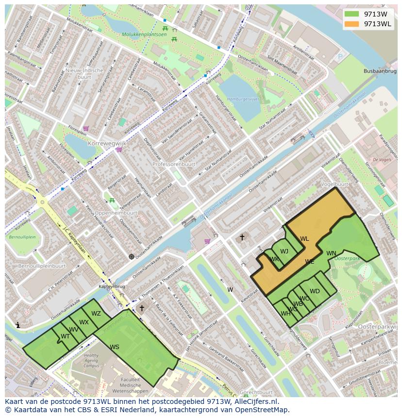 Afbeelding van het postcodegebied 9713 WL op de kaart.