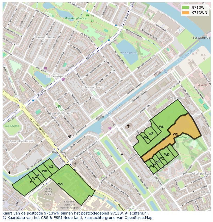 Afbeelding van het postcodegebied 9713 WN op de kaart.