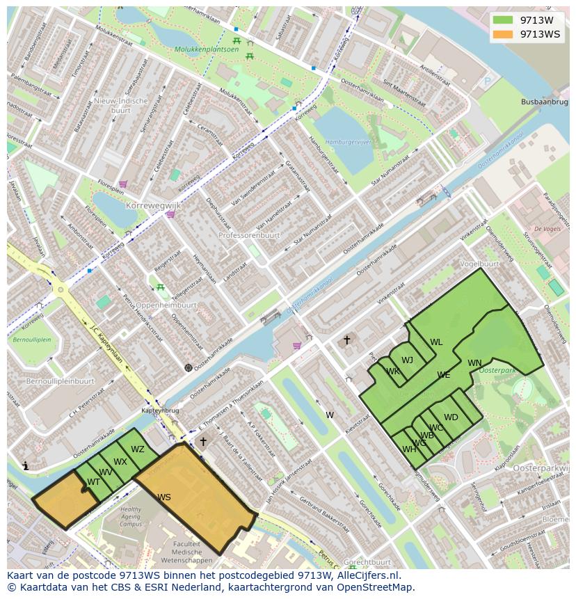 Afbeelding van het postcodegebied 9713 WS op de kaart.