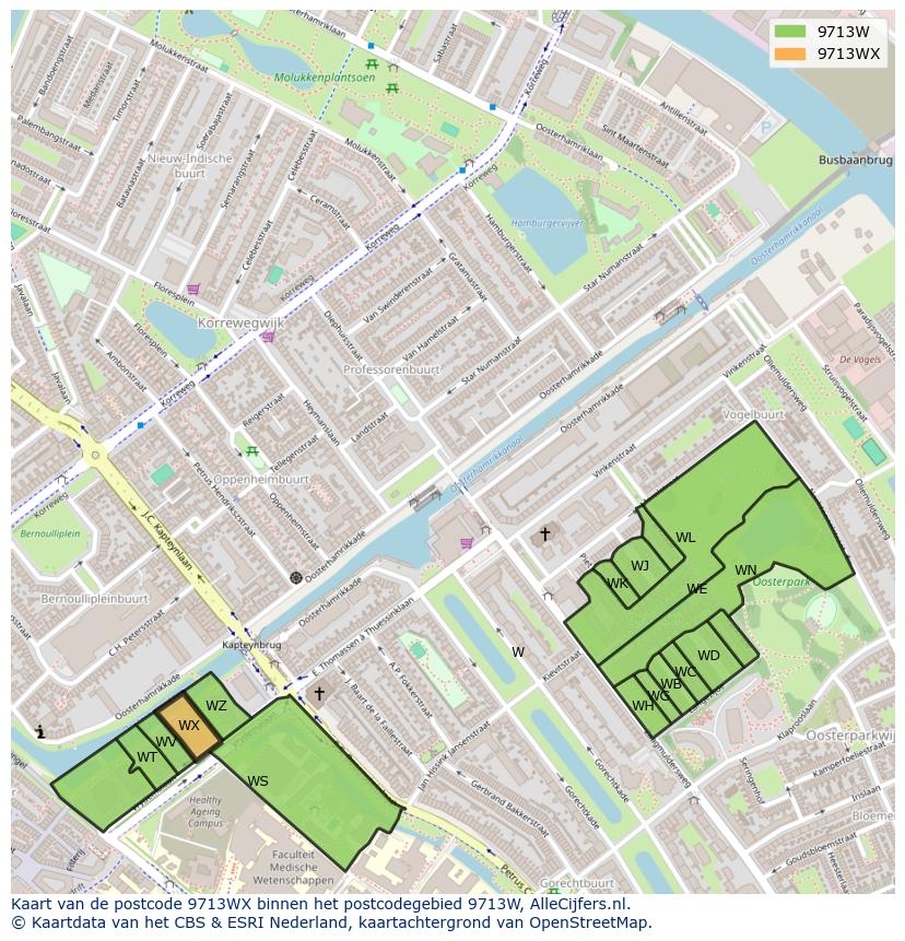 Afbeelding van het postcodegebied 9713 WX op de kaart.