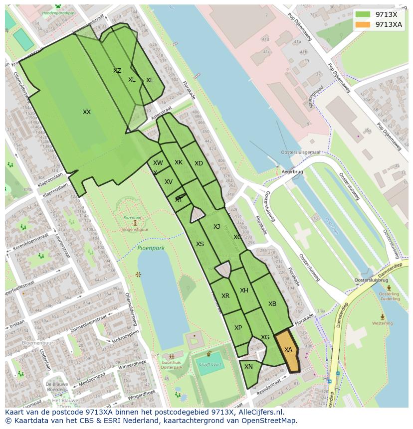 Afbeelding van het postcodegebied 9713 XA op de kaart.