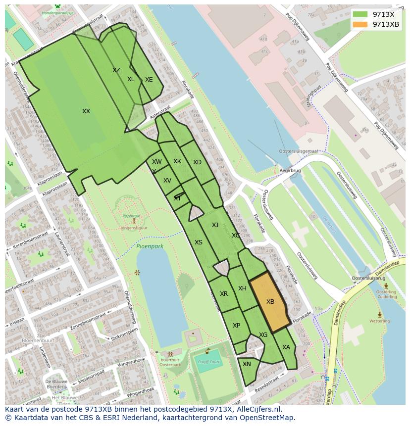 Afbeelding van het postcodegebied 9713 XB op de kaart.