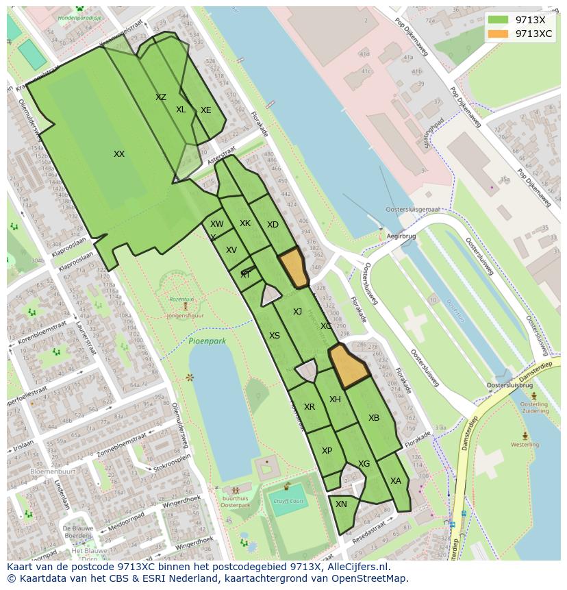 Afbeelding van het postcodegebied 9713 XC op de kaart.