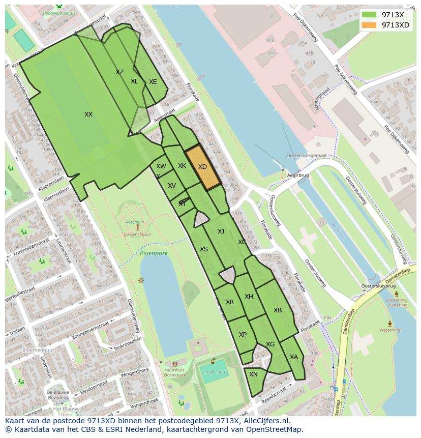 Afbeelding van het postcodegebied 9713 XD op de kaart.