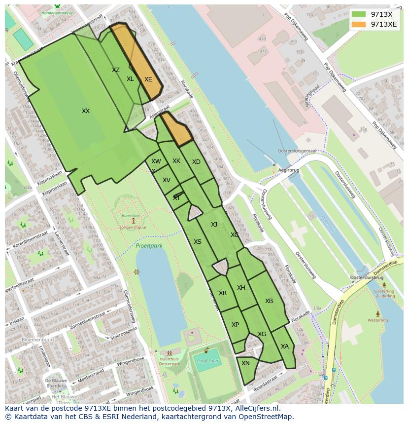 Afbeelding van het postcodegebied 9713 XE op de kaart.