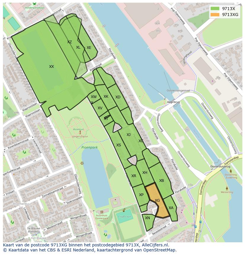 Afbeelding van het postcodegebied 9713 XG op de kaart.