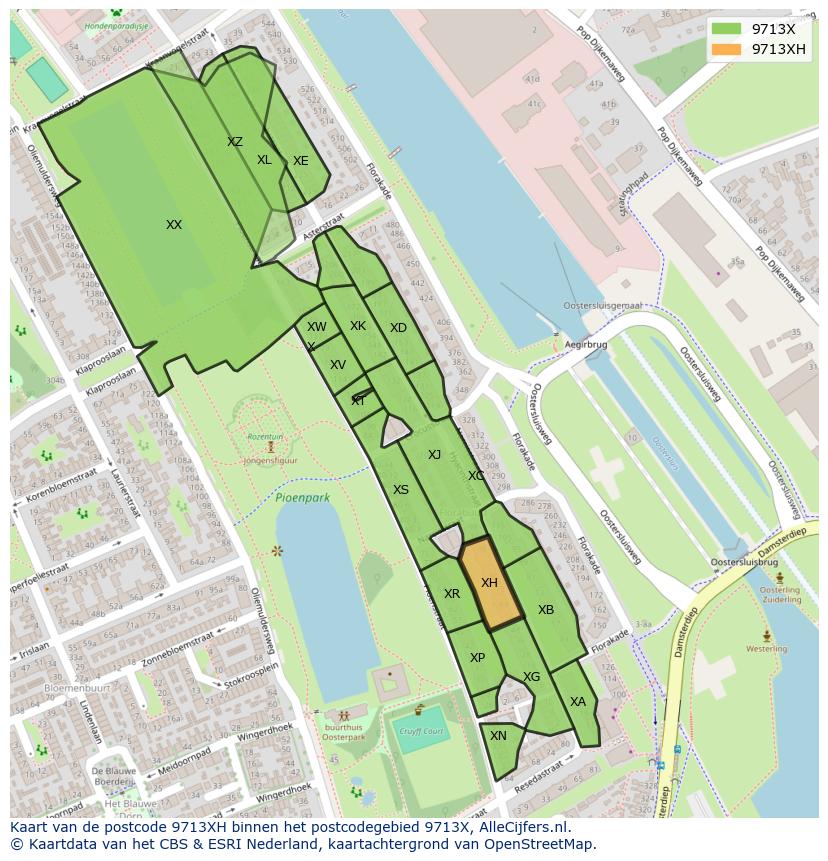 Afbeelding van het postcodegebied 9713 XH op de kaart.