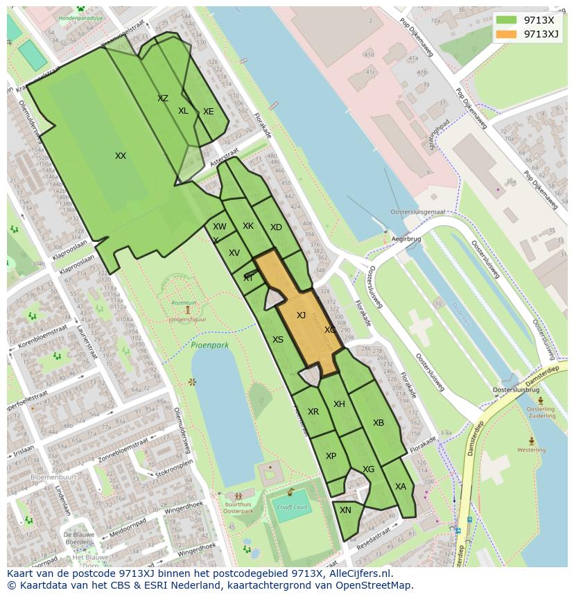 Afbeelding van het postcodegebied 9713 XJ op de kaart.