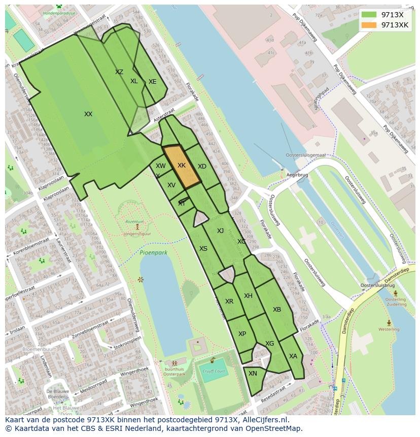 Afbeelding van het postcodegebied 9713 XK op de kaart.