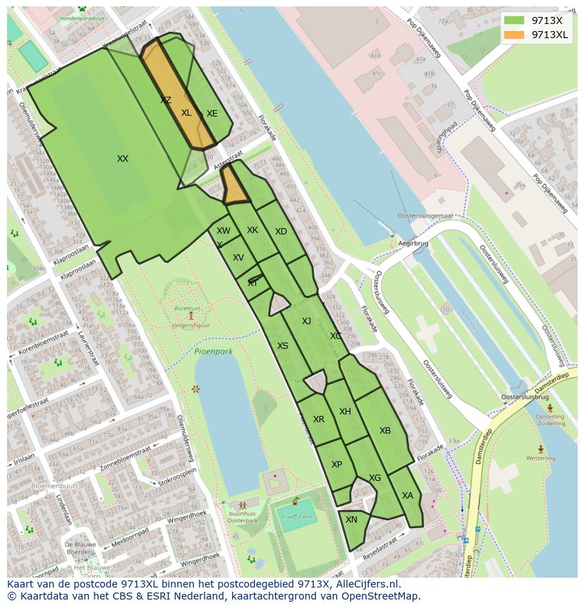 Afbeelding van het postcodegebied 9713 XL op de kaart.