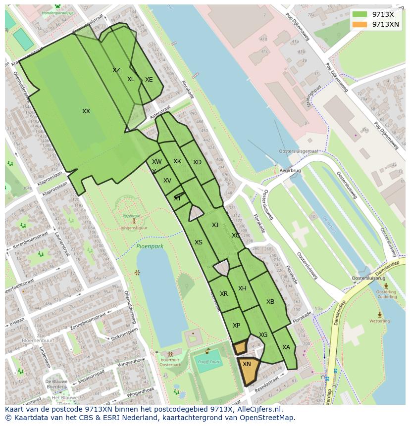 Afbeelding van het postcodegebied 9713 XN op de kaart.