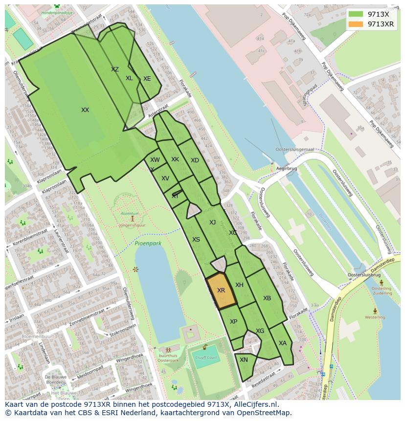 Afbeelding van het postcodegebied 9713 XR op de kaart.