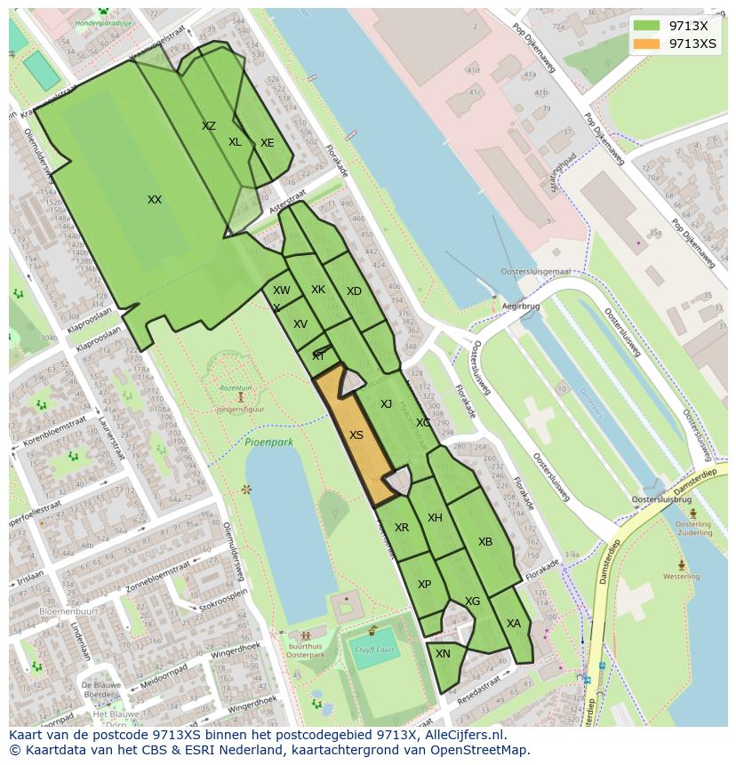 Afbeelding van het postcodegebied 9713 XS op de kaart.