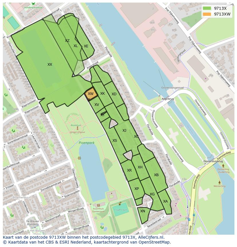 Afbeelding van het postcodegebied 9713 XW op de kaart.