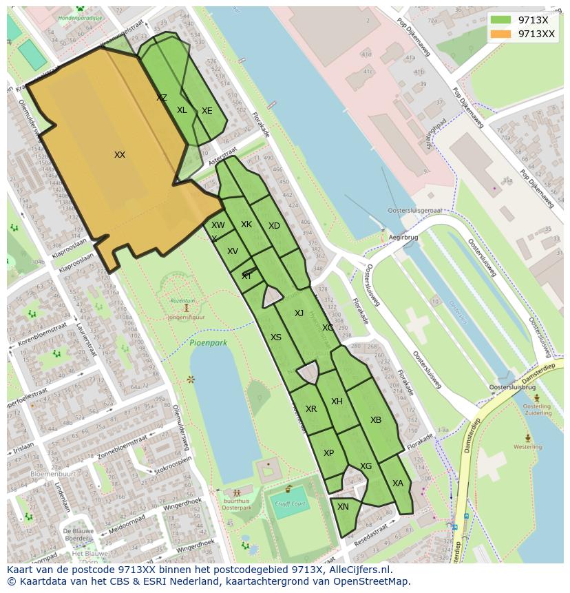 Afbeelding van het postcodegebied 9713 XX op de kaart.