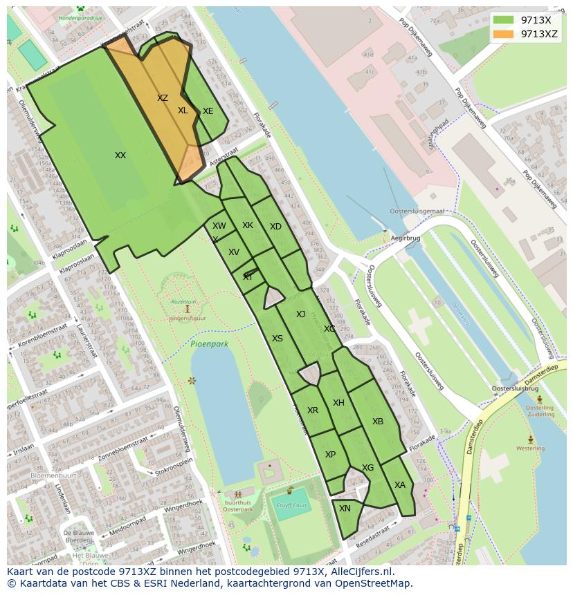 Afbeelding van het postcodegebied 9713 XZ op de kaart.