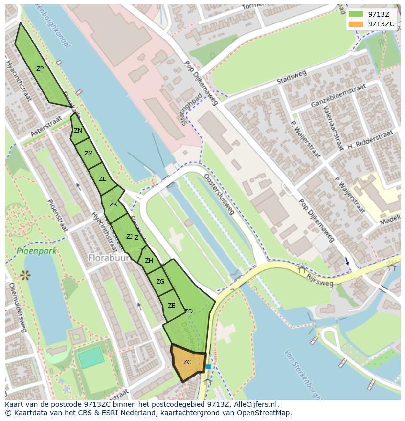 Afbeelding van het postcodegebied 9713 ZC op de kaart.