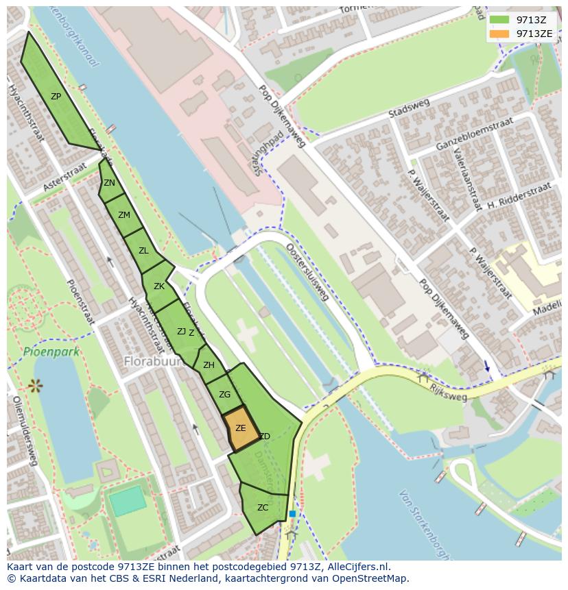 Afbeelding van het postcodegebied 9713 ZE op de kaart.