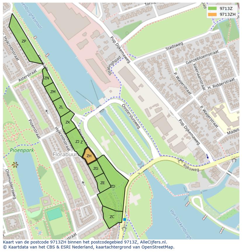 Afbeelding van het postcodegebied 9713 ZH op de kaart.