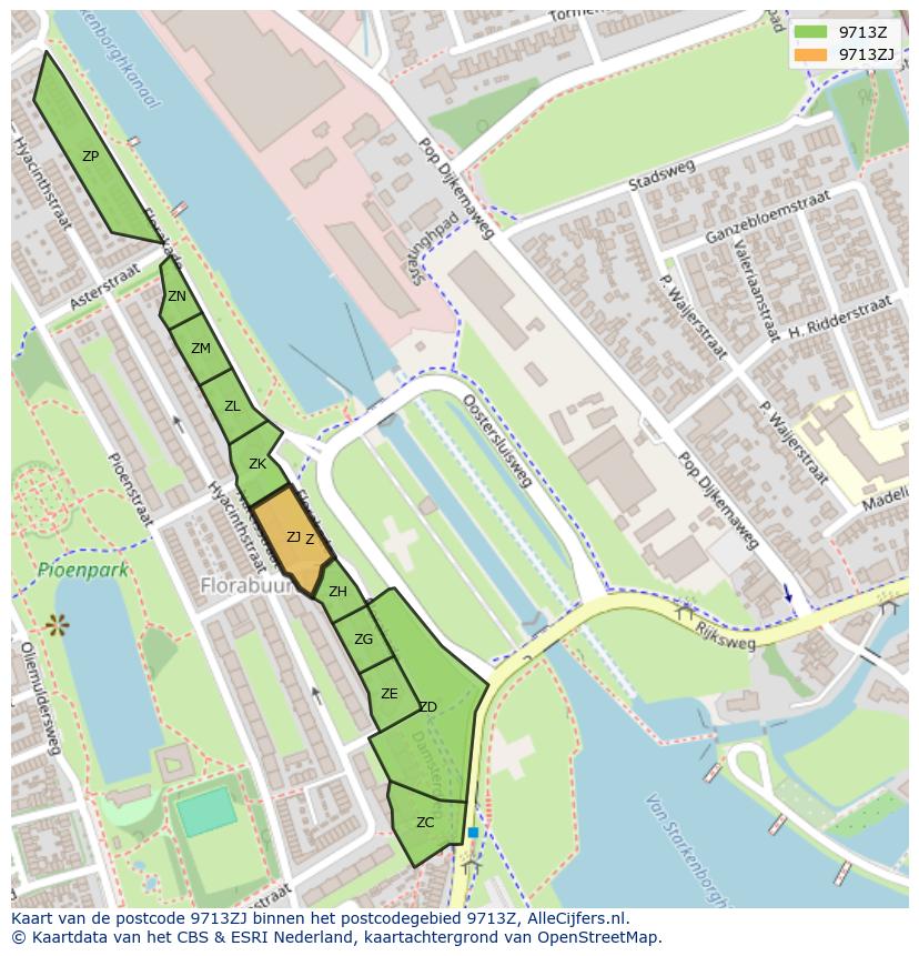 Afbeelding van het postcodegebied 9713 ZJ op de kaart.